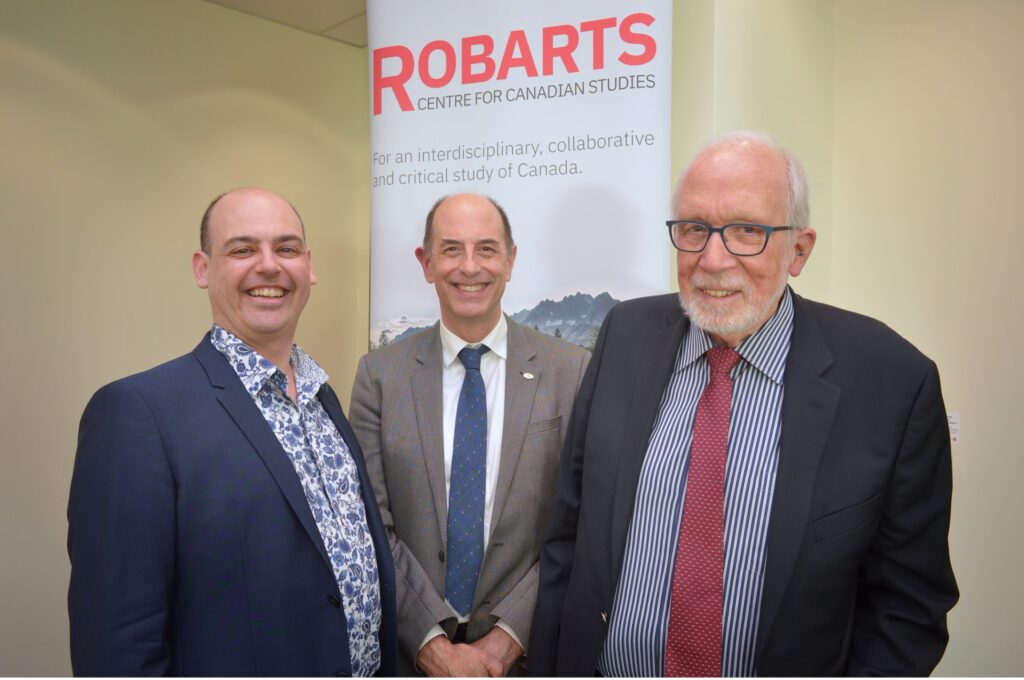 Jean Michel Montsion (Robarts Centre for Canadian Studies at York University); Colin Coates (Canadian Studies Network, recipient of the 2024 Governor General’s International Award in Canadian Studies); Kenneth McRoberts (Glendon College) Jean Michel Montsion (Robarts Centre for Canadian Studies, Université York); Colin Coates (Réseau d'études canadiennes, récipiendaire du Prix international du Gouverneur général en études canadiennes 2024); Kenneth McRoberts (Glendon College)