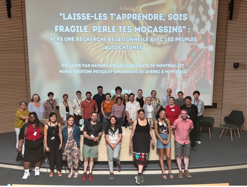 Participants in the roundtable, “Let them teach you, be vulnerable, string your moccasins," AFEC photograph, 2025; Participants à la table-ronde« Laisse-les t’apprendre… », AFEC photographie, 2025