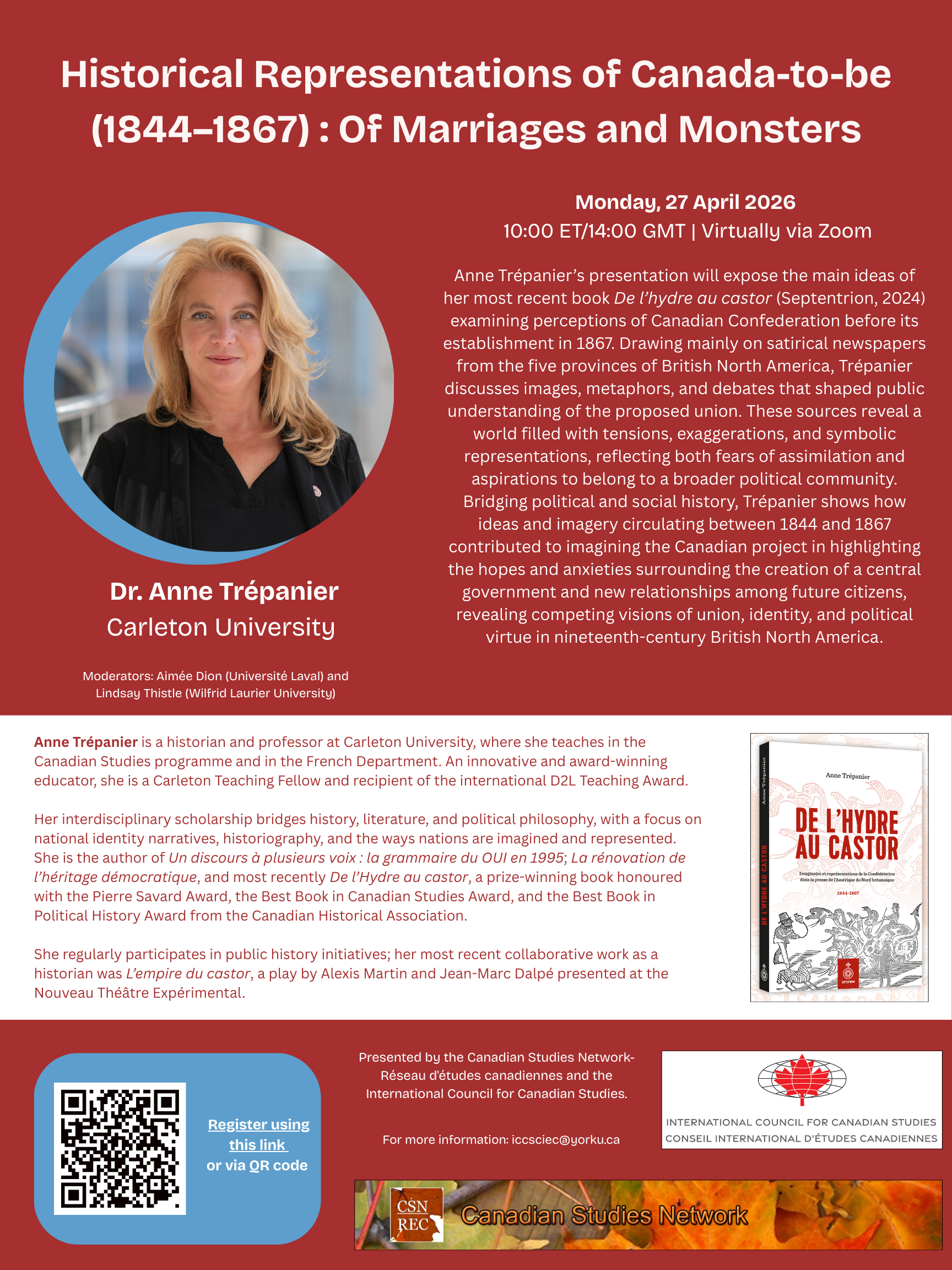 Poster, Historical Representations of Canada-to-be (1844–1867) : Of Marriages and Monsters with Anne Trépanier, 27 April 2026
